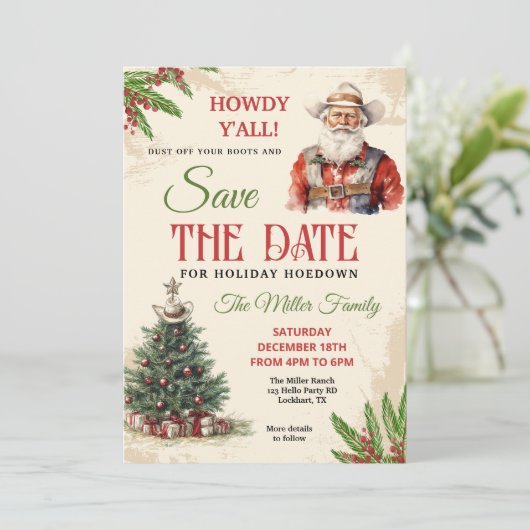 Westerne Vakantie Hoedown Uitnodigen, Cowboy Santa Save The Date (Staand voorkant)