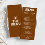 Westerne verbrande Oranje Bull Skull Modern Weddin Menu<br><div class="desc">Een western verbrand sinaasappel vet retro bruiloft diner menu. Die chic sjabloon ontwerp van boho  terracotta verbrande oranje achtergrond en heldere crème melkachtige typografie en vet menu. En hand getekende tribale weststier koe schedel in de rug. Perfect en passend bij de hele suite.</div>