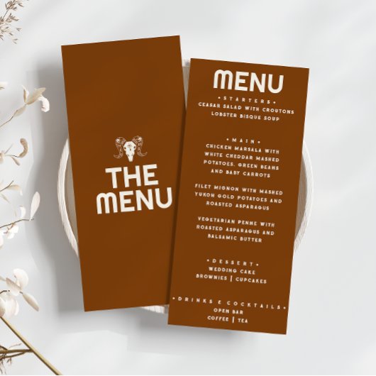 Westerne verbrande Oranje Bull Skull Modern Weddin Menu