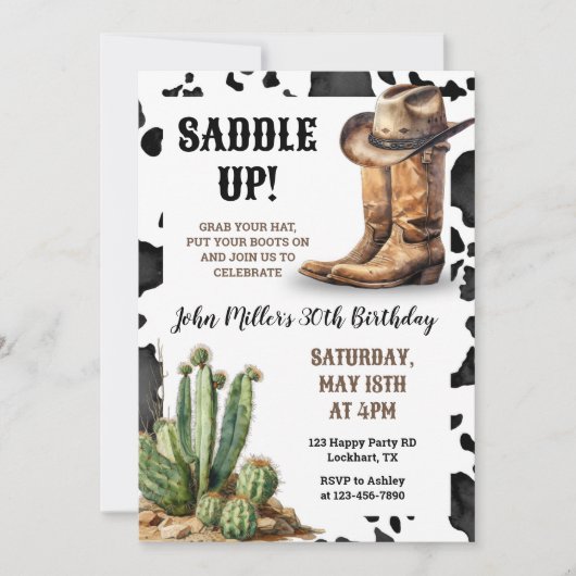 Westerne Verjaardag Cowboy Boots & Pet Koe Print Kaart (Voorkant)