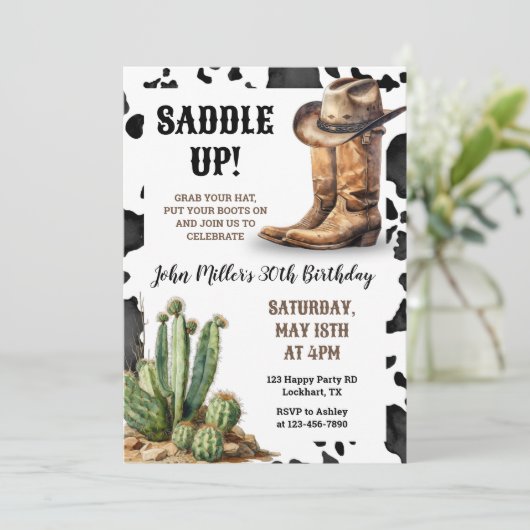 Westerne Verjaardag Cowboy Boots & Pet Koe Print Kaart (Staand voorkant)