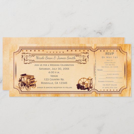 Westerne Vintage bruiloft Ticket Uitnodiging & RSV (Voorkant / Achterkant)
