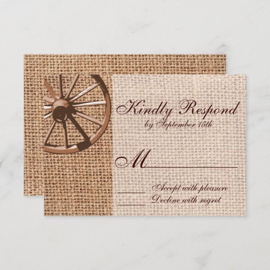 Westerne Wagon Wheel Burlap RSVP-kaart RSVP Kaartje (Voorkant / Achterkant)