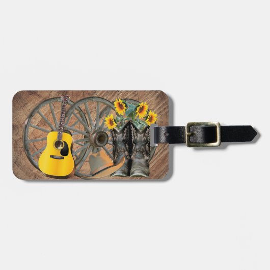 Westerne Wagon Wheel Guitar Cowboylaarzen Zonneblo Bagagelabel (Voorkant horizontaal)