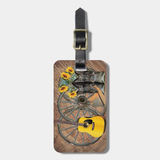 Westerne Wagon Wheel Guitar Cowboylaarzen Zonneblo Bagagelabel (Voorkant verticaal)