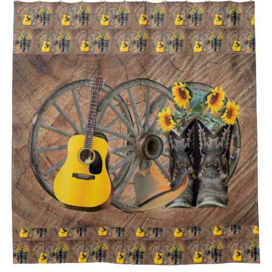 Westerne Wagon Wheel Guitar Cowboylaarzen Zonneblo Douchegordijn (Voorkant)