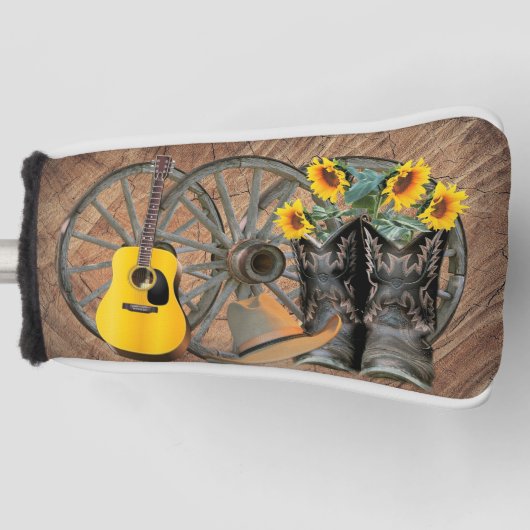 Westerne Wagon Wheel Guitar Cowboylaarzen Zonneblo Golfheadcover (Voorkant)