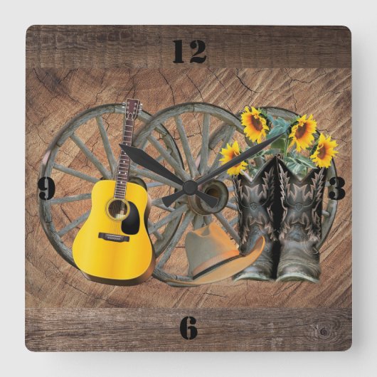 Westerne Wagon Wheel Guitar Cowboylaarzen Zonneblo Vierkante Klok (Voorkant)