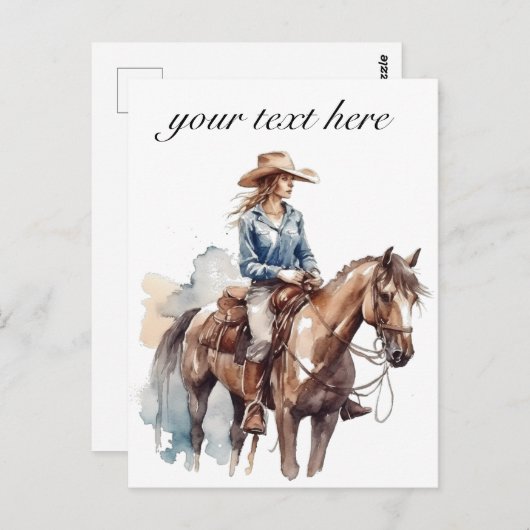 Westerne Waterverf Brunette Cowgirl, custom Briefkaart (Voorkant / Achterkant)