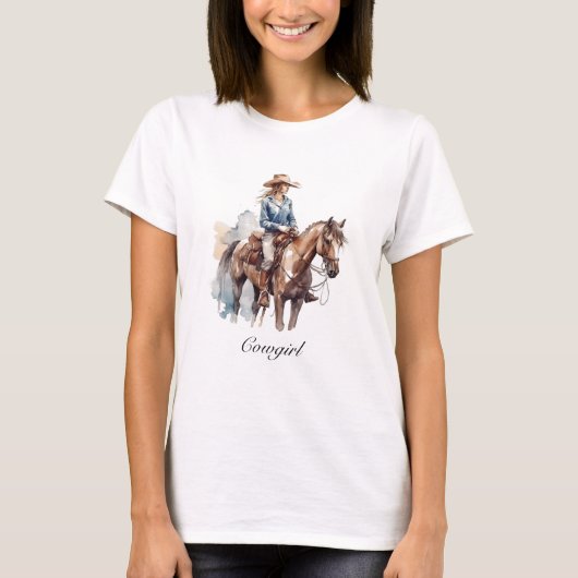 Westerne Waterverf Brunette Cowgirl, custom T-shirt (Voorkant)