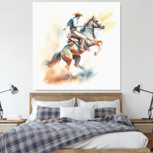 Westerne Waterverf "Bucking Bronco" Canvas Afdruk (Insitu (Slaapkamer))