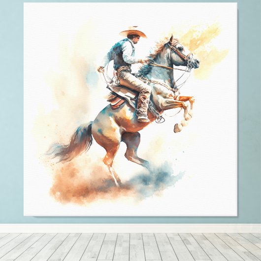 Westerne Waterverf "Bucking Bronco" Canvas Afdruk (Insitu (Houten vloer))