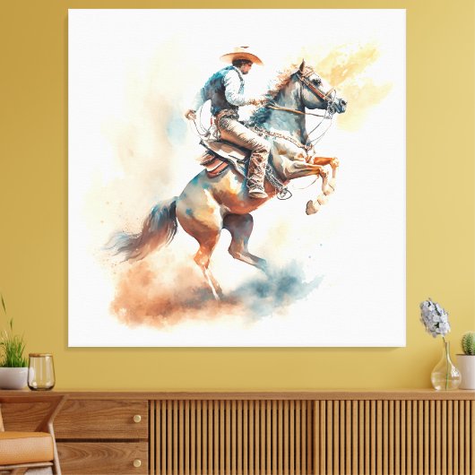 Westerne Waterverf "Bucking Bronco" Canvas Afdruk (Insitu (Woonkamer))