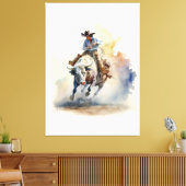 Westerne Waterverf "Rodeo Bull Rider" Canvas Afdruk (Insitu (Woonkamer))