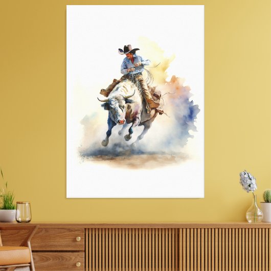 Westerne Waterverf "Rodeo Bull Rider" Canvas Afdruk (Insitu (Woonkamer))