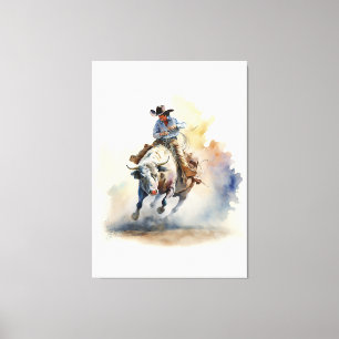 Westerne Waterverf "Rodeo Bull Rider" Canvas Afdruk