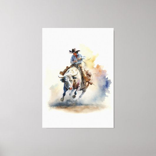 Westerne Waterverf "Rodeo Bull Rider" Canvas Afdruk (Voorkant)