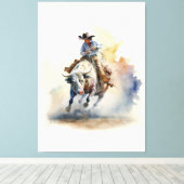 Westerne Waterverf "Rodeo Bull Rider" Canvas Afdruk (Insitu (Houten vloer))