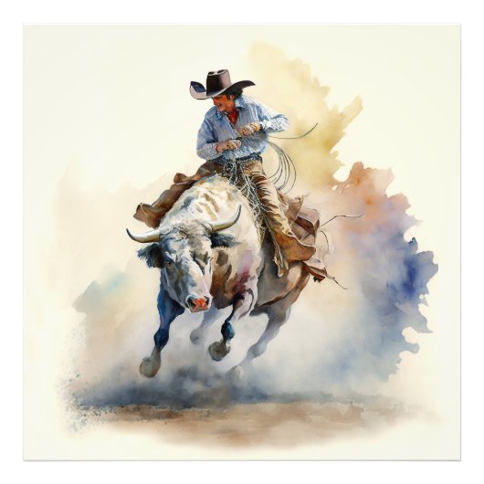 Westerne Waterverf "Rodeo Bull Rider" Foto Afdruk (Voorkant)