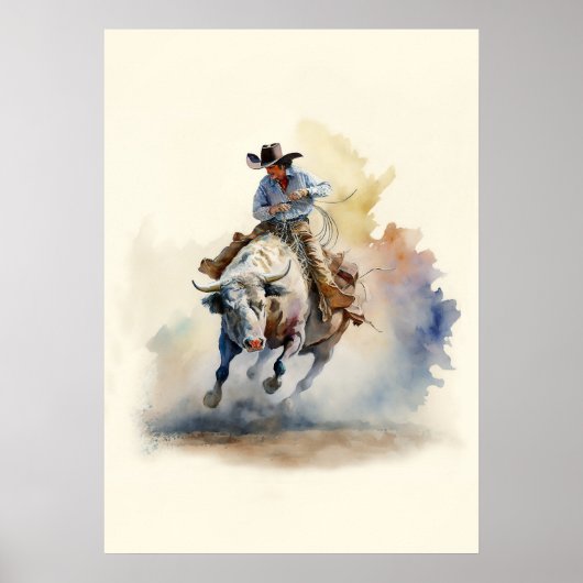 Westerne Waterverf "Rodeo Bull Rider" Poster (Voorkant)
