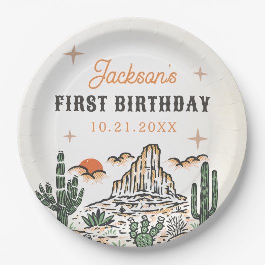 Westerne  woestijn eerste rodeo 1e verjaardag papieren bordje (Voorkant)