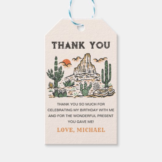 Westerne  woestijnrodeo 1e verjaardag cadeaulabel (Voorkant)