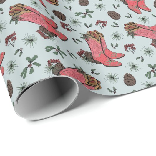 Westerne Xmas Cowboy Laarzen, Pinecones & Bessen Cadeaupapier (Rol Hoek)