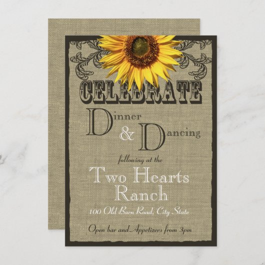 Westerne Zonnebloem bruiloft receptie Informatiekaartje (Voorkant / Achterkant)