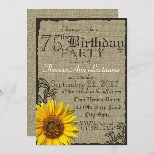Westerne Zonnebloem Rustiek 75e Verjaardag Kaart (Voorkant / Achterkant)
