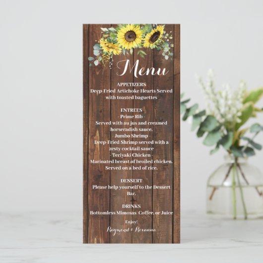 Westerne zonnebloemen Groenery Wedding Vrijgezelle Menu (Staand voorkant)