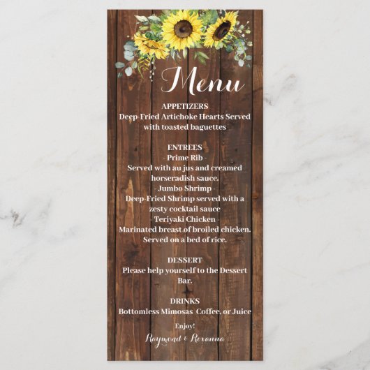 Westerne zonnebloemen Groenery Wedding Vrijgezelle Menu (Voorkant)