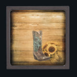Westerne zonnebloempauzen met weelderige zonnebloe premium cadeau doosje<br><div class="desc">Weathered Western Land sunflower cowboy boot accessoires. Accessoires voor zonnebloempitten van hout in de schuur voor tehuizen. Primitieve cowboy western vrijgezellenfeest bevoordeelt en Rustic Sunflower Wedding-gunsten.</div>