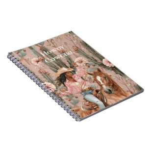 Westerne Zwarte Cowgirl Roze Cactus Bloemen Notitieboek