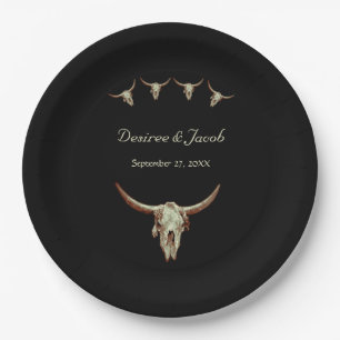 Westerne zwarte Rustic Wedding Koe Bull Skull Papieren Bordje