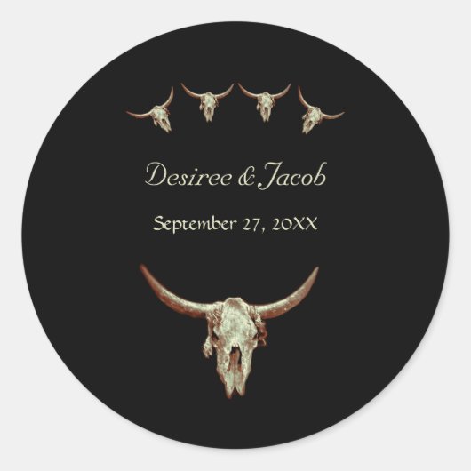 Westerne zwarte Rustic Wedding Koe Bull Skull Ronde Sticker (Voorkant)
