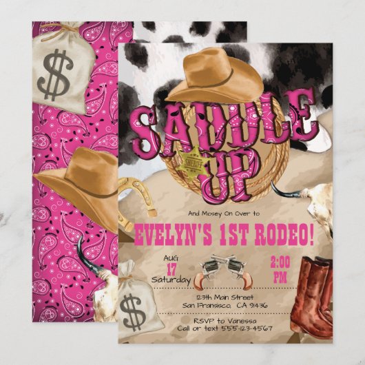 Westers Feest, Westerse Uitnodiging voor Cowgirl F (Voorkant / Achterkant)