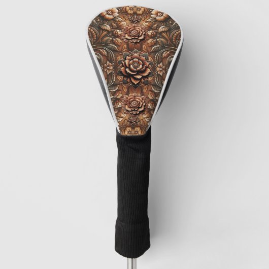 Westers geprägtes bruin bloemenleer golfheadcover (Voorkant)