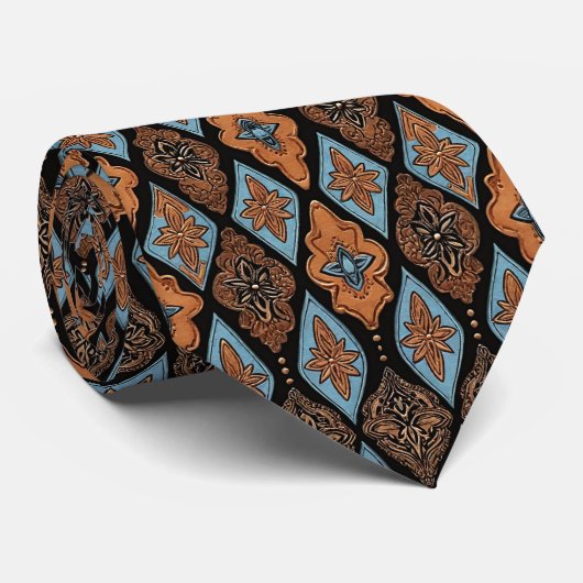 Westers namaak leder leerlooierij tan en turquoise stropdas (Opgerold)