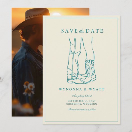 Westers Rustoise Moderne Foto Save the Date (Voorkant / Achterkant)