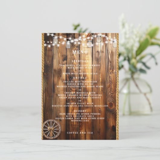 Westers touw wagenwiel Metselaarsglas snoerlampjes Menu (Staand voorkant)