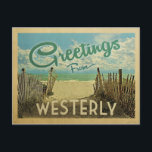 Westerse Beach Vintage Travel Briefkaart<br><div class="desc">Deze groeten uit het Westerse  briefkaart zijn voorzien van een zandstrand met een prachtig turquoise oceaanwater en boven het zee,  een blauwe hemel met blauw witte wolken. In de klassieke reisstijl.</div>