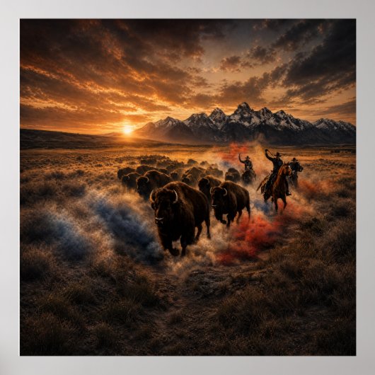 Westerse bizonstampede bij zonsondergang poster (Voorkant)