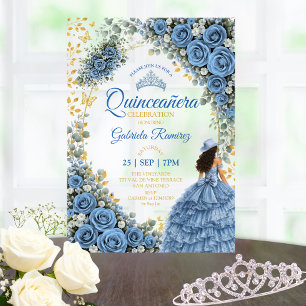 Westerse Blauwe Rozen Gouden Land Quinceañera Acryl Uitnodigingen