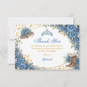 Westerse Blauwe Rozen Gouden Land Quinceañera Bedankkaart