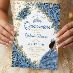 Westerse Blauwe Rozen Gouden Land Quinceañera Kaart