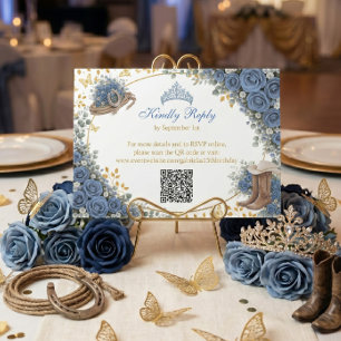 Westerse Blauwe Rozen Gouden Land Quinceañera RSVP Kaartje