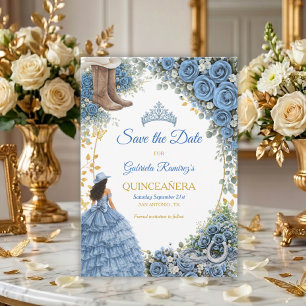 Westerse Blauwe Rozen Gouden Land Quinceañera Save The Date