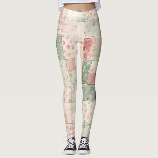 Westerse boerderij mint roze bloem quilt patronen leggings (Voorkant)