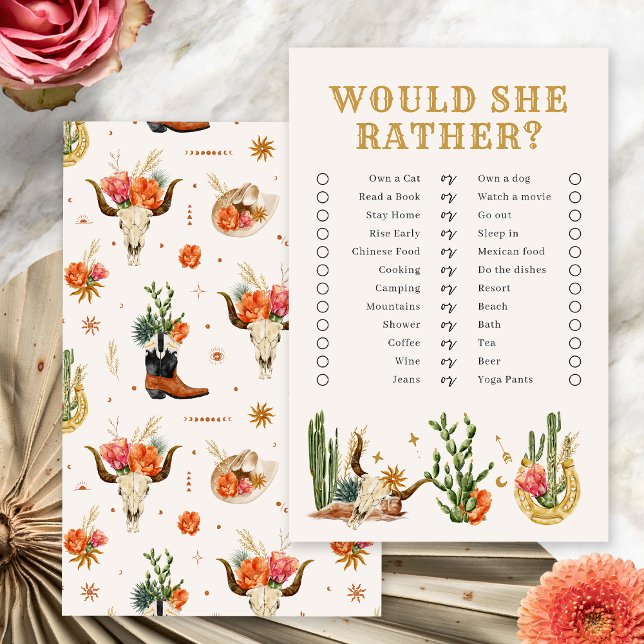 Westerse Boho Bruidsfeestspel (Western Boho Bridal Shower Would She Rather? Game by Painted Paperie
)