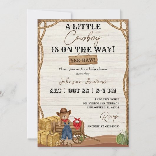 Westerse Cowboy Baby Shower Uitnodiging (Voorkant)